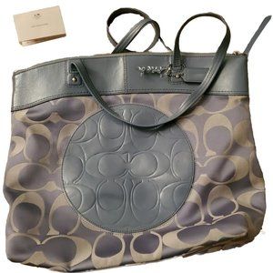 COACH LAURA SIGNATURE TOTE F18335 Pool Blue Grey Patent Leather Canvas $298 Y2K